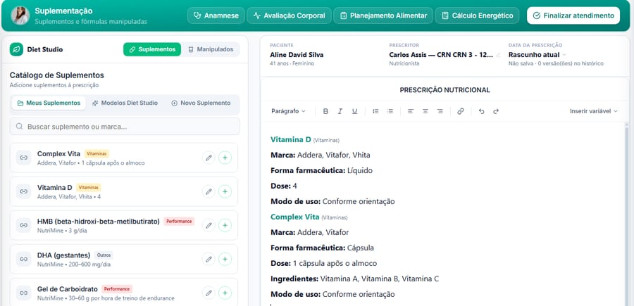 Tela da plataforma Diet Studio